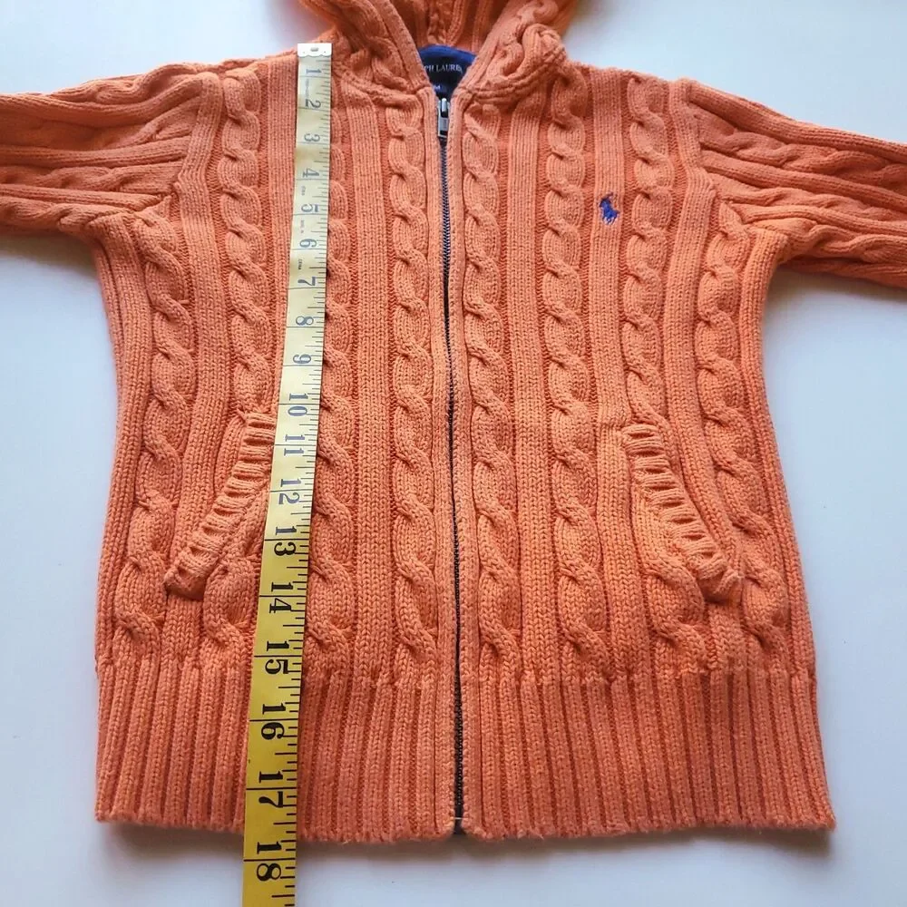 Ralph Lauren Hooded Sweater Kids M Cable Knit Full Zip Pony Logo Preppy Orange